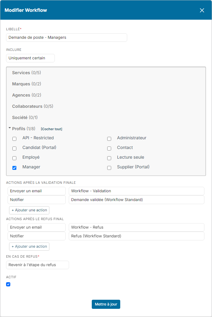 Fenêtre Modifier Workflow : circuit réservé au profil Manager, avec un email et une notification après la validation finale et après le refus final