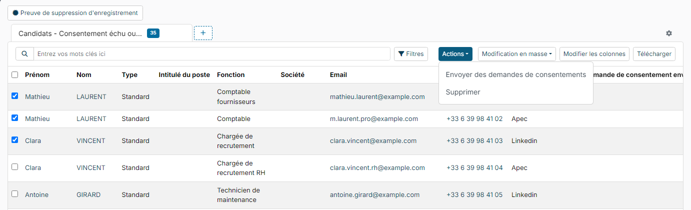 Consent Management page with ticked candidates and the Actions menu open