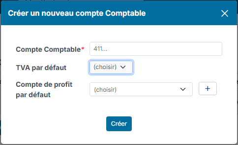 Fenêtre Créer un nouveau compte Comptable d'un client : Compte Comptable, TVA par défaut et Compte de profit par défaut