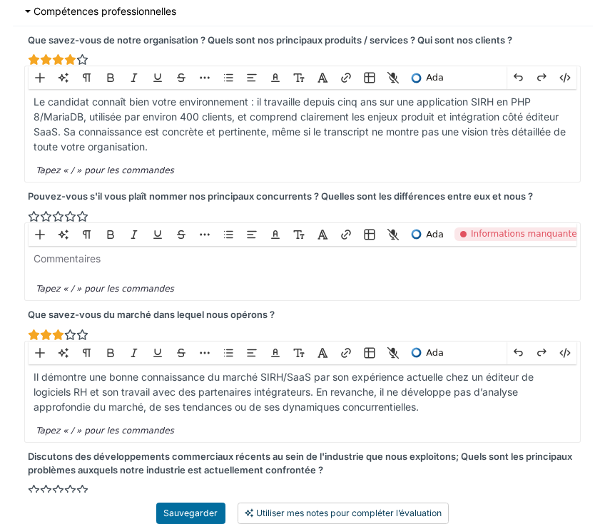 Évaluation remplie par l'IA : notes et commentaires renseignés, une question signalée Informations manquantes
