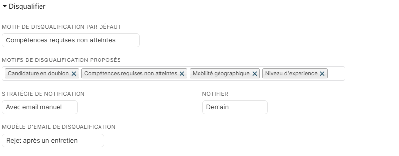 Section Disqualifier de la fenêtre d'une étape