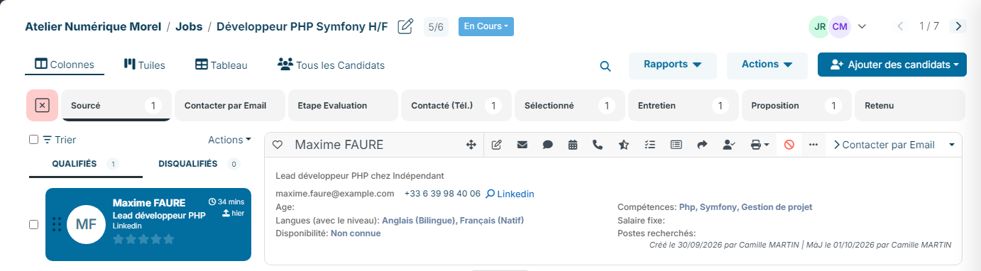 Job workflow page in Columns display
