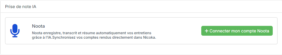Panneau Prise de note IA avec le bouton Connecter mon compte Noota