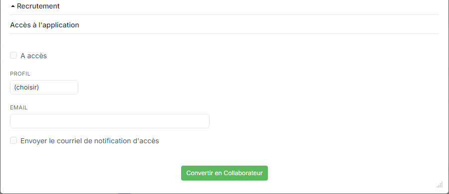 Section Accès à l'application de la fenêtre Convertir en Collaborateur