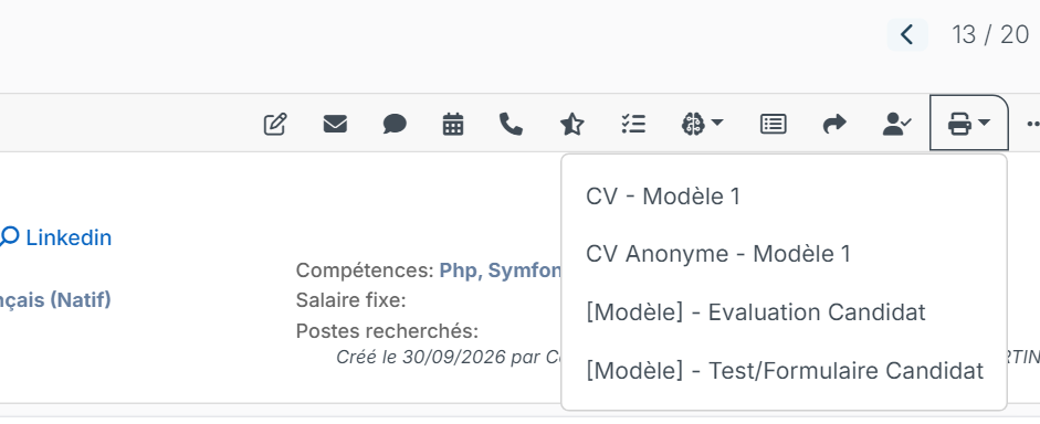 Candidate record: print icon menu with the active templates
