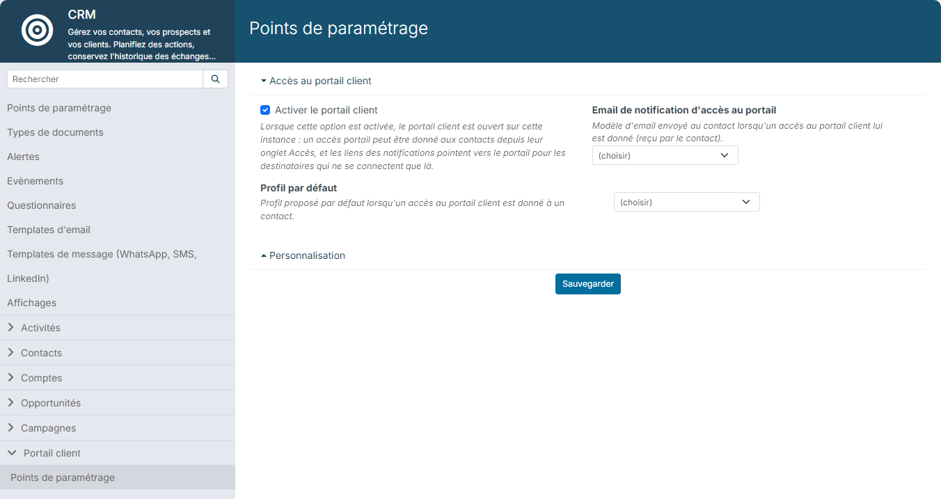 Paramétrage du CRM, Portail client, Points de paramétrage : Activer le portail client, Email de notification d'accès au portail et Profil par défaut