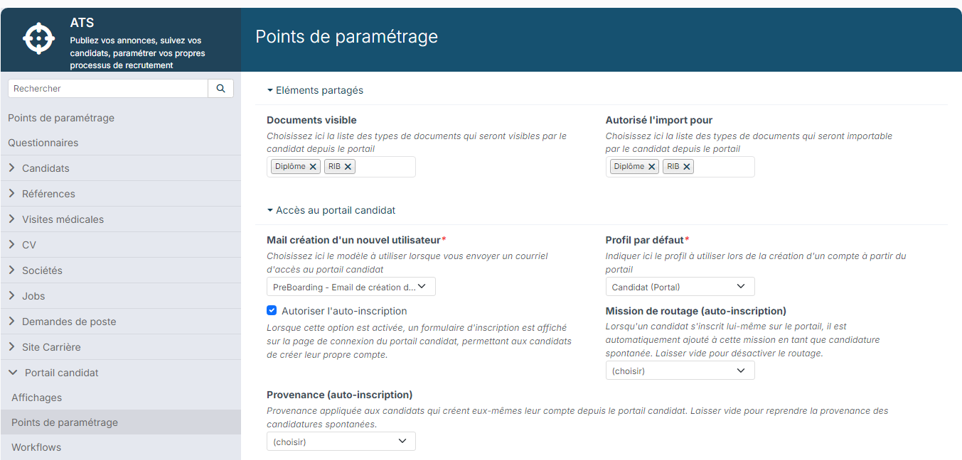 Points de paramétrage du portail candidat : Eléments partagés et Accès au portail candidat