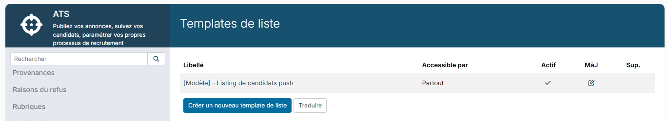 Liste des templates de liste des candidats, avec le modèle fourni par Nicoka