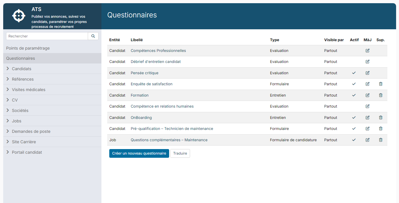 List of questionnaires in the ATS settings