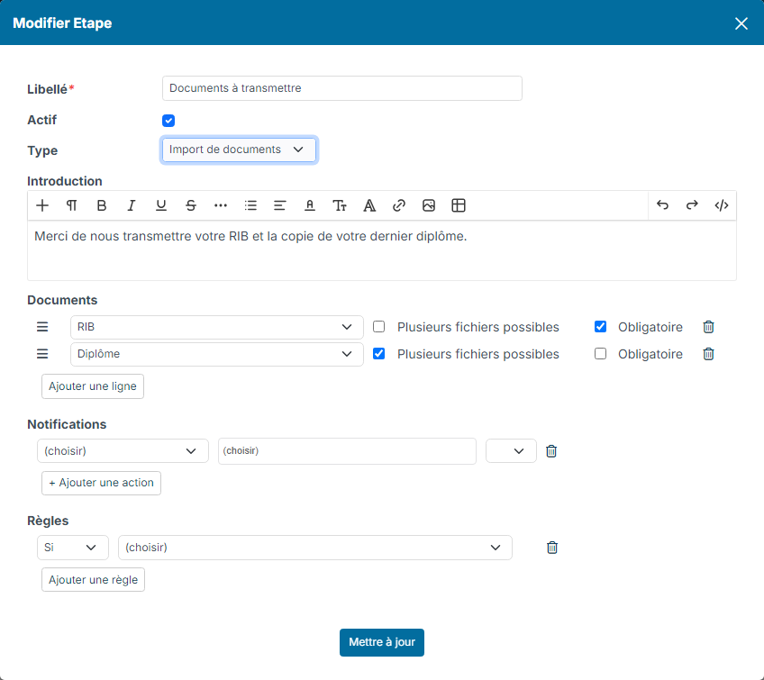 Fenêtre Modifier Etape d'une étape Import de documents