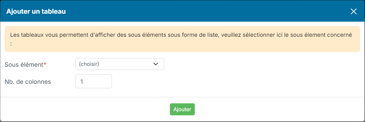 Add a table window: sub element and number of columns