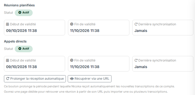 Panneau Gérer les transcriptions d'un compte Microsoft Teams Transcript, réunions planifiées et appels directs