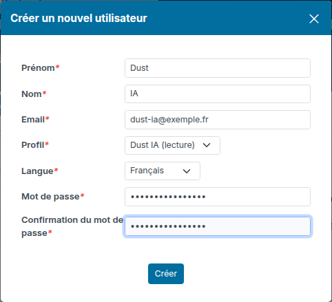 Fenêtre Créer un nouvel utilisateur remplie pour le compte Dust IA avec le profil Dust IA (lecture)