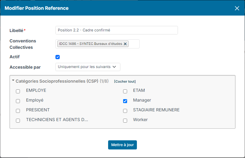 Fenêtre Modifier Position Reference : convention SYNTEC, accessible à une CSP