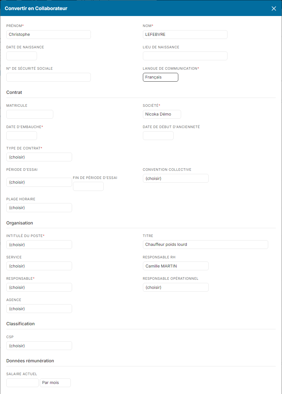 Fenêtre Convertir en Collaborateur : identité, Contrat, Organisation, Classification et Données rémunération