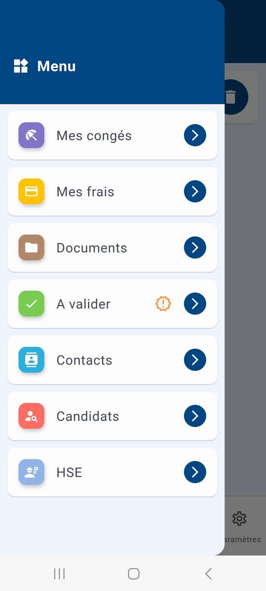 Nicoka mobile app menu: time off, expenses, documents, approvals, contacts, candidates, HSE