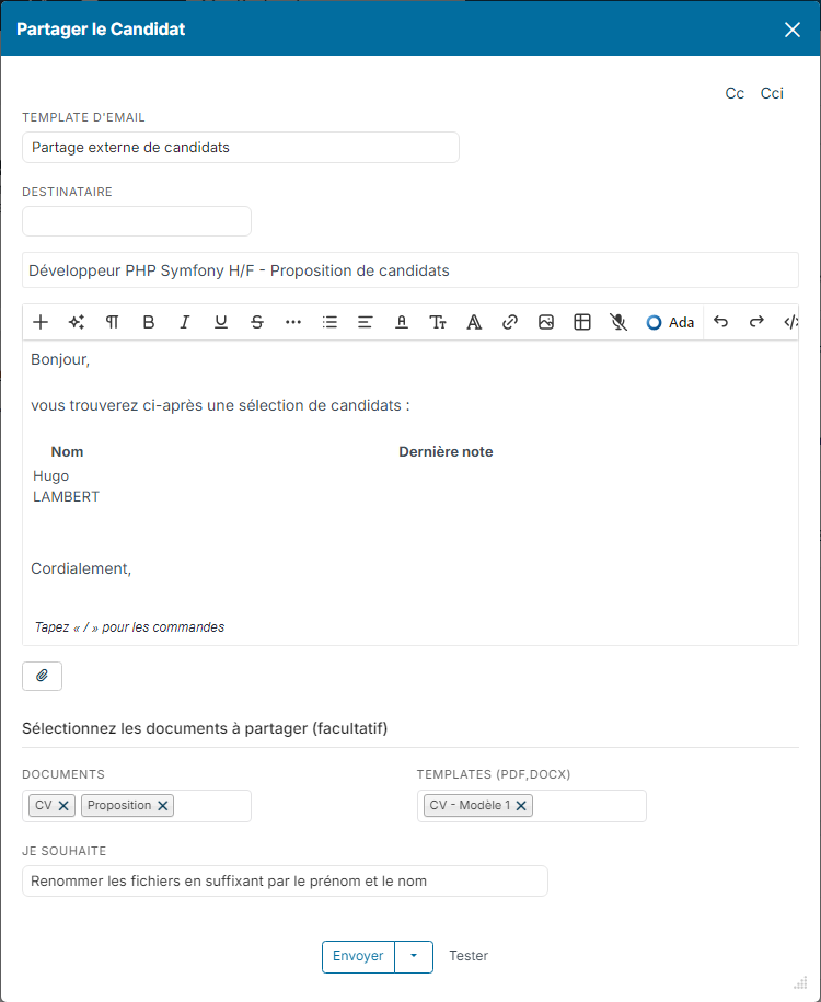 Fenêtre Partager le Candidat ouverte depuis la fiche d'un candidat