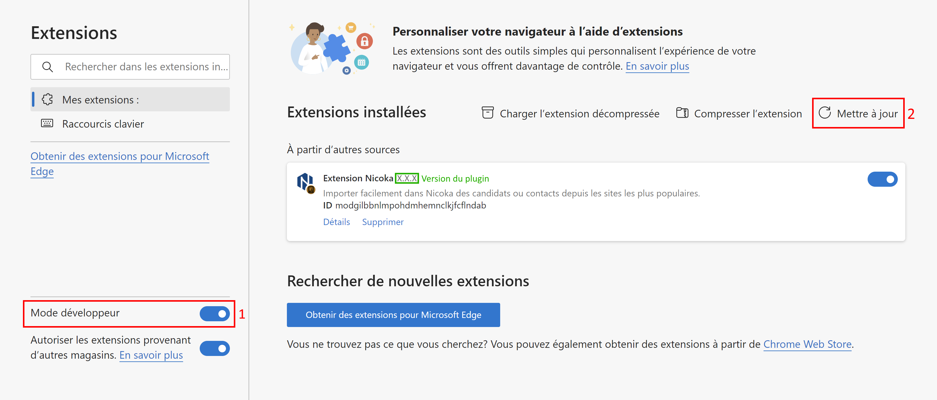 Microsoft Edge Extensions page: Developer mode turned on and Update button