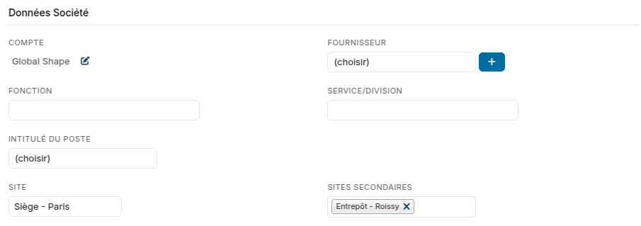 Bloc Données Société du contact : champs Site et Sites secondaires