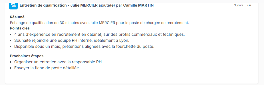 Fiche candidat : activité de compte rendu généré par IA avec le résumé, les points clés et les prochaines étapes