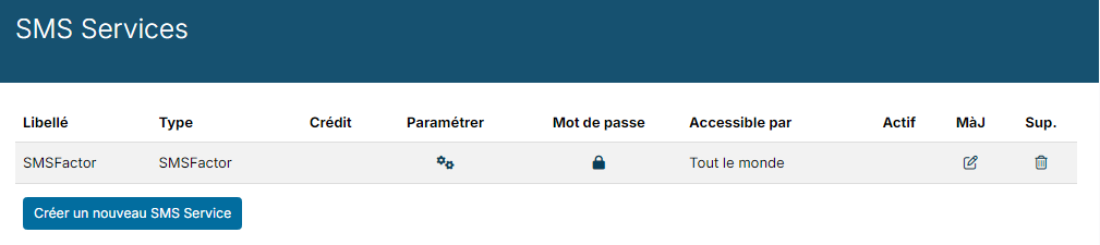 Liste des SMS Services avec la colonne Crédit