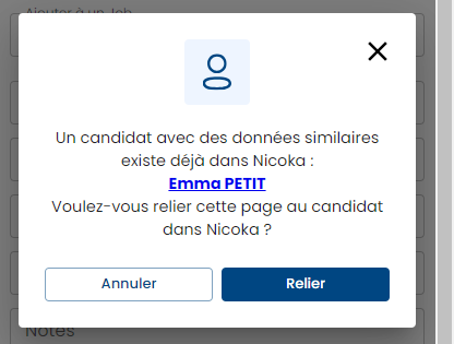 Fenêtre proposant de relier la page au candidat existant, avec les boutons Annuler et Relier