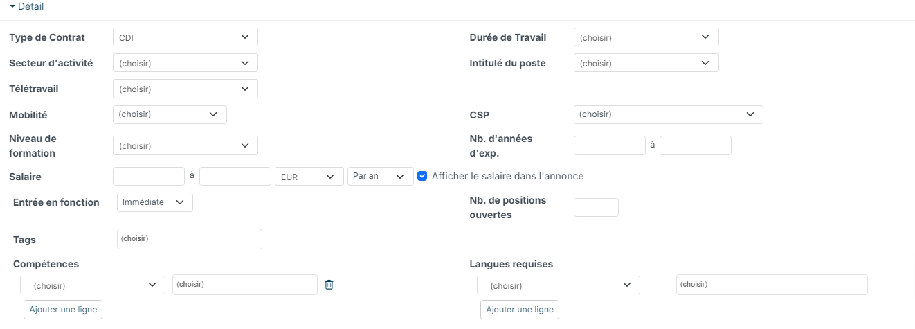 Partie Détail du formulaire de création d'un job