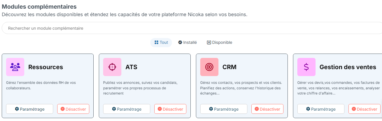 Additional Modules page with the ATS card and its Customize button