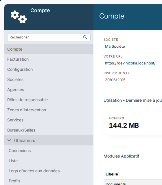 Administration, menu Utilisateurs déplié : entrée Connexions