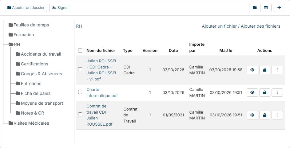 Documents section of an employee: folders, files of the HR folder, Add a folder and Sign buttons