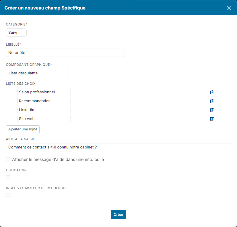 Create a new custom field window: Notoriété field, picklist with four choices and an input help