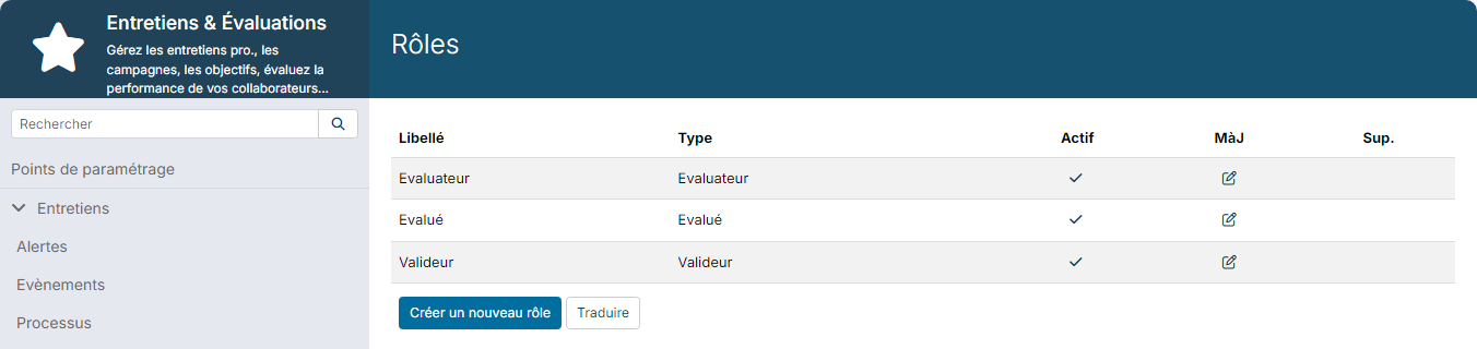Paramétrage du module Entretiens & Évaluations, liste des rôles