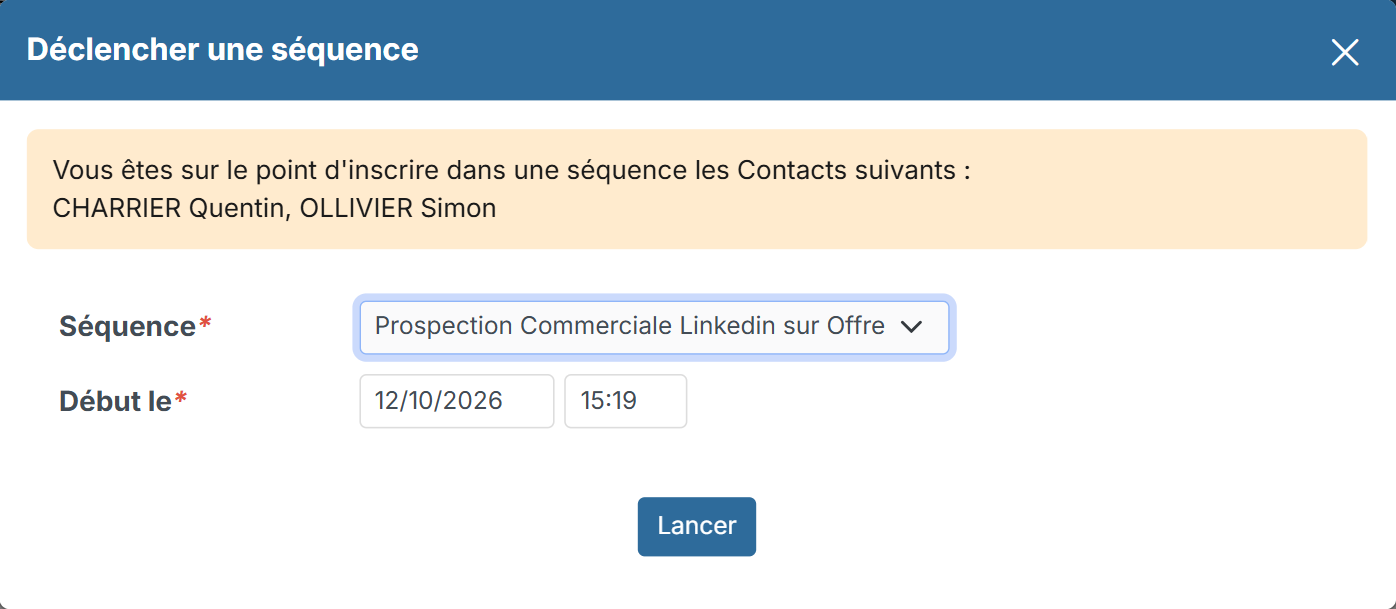 Fenêtre Déclencher une séquence pour des contacts