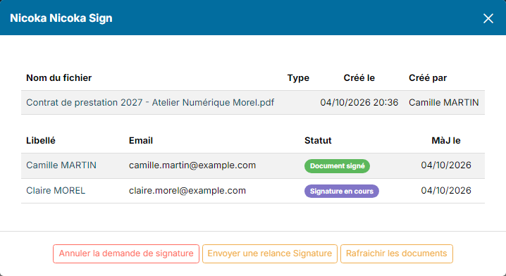 Nicoka Sign tracking window: document sent, signatories and their status, cancel and reminder buttons