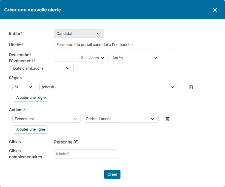 Fenêtre Créer une nouvelle alerte : entité Candidat, 0 Jours Après la Date d'embauche, action Evènement Retirer l'accès