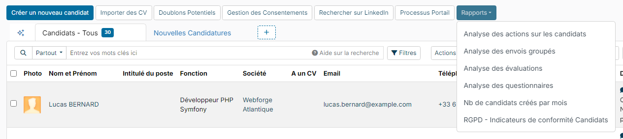 Menu Rapports de la liste des candidats