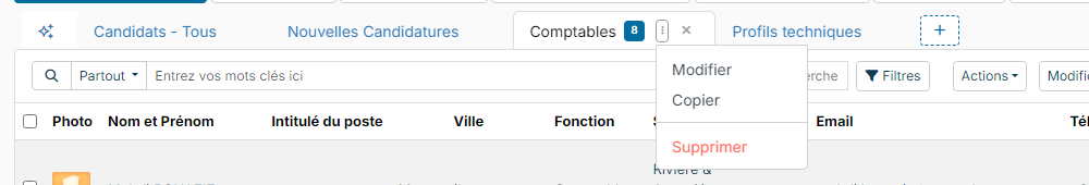 ⋮ menu of the Comptables tab with the Change, Copy and Delete options