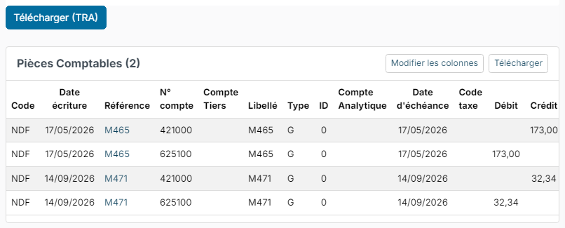 Bouton Télécharger (TRA) et écritures de l'export Cegid