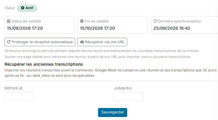 Panneau Gérer les transcriptions d'un compte Google Meet Transcript