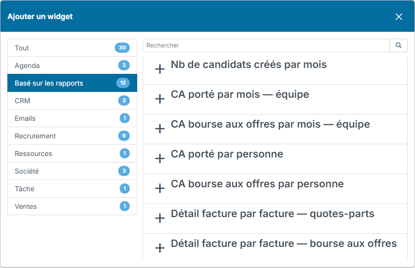 Fenêtre Ajouter un widget, catégorie Basé sur les rapports