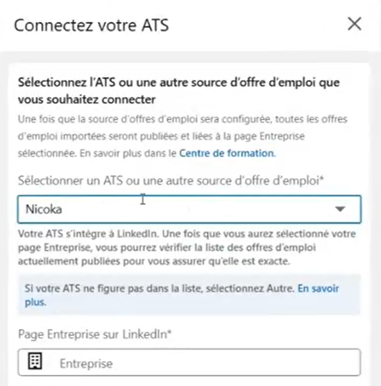 Fenêtre Connectez votre ATS avec Nicoka sélectionné