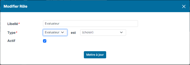 Fenêtre Modifier Rôle pour le rôle Evaluateur