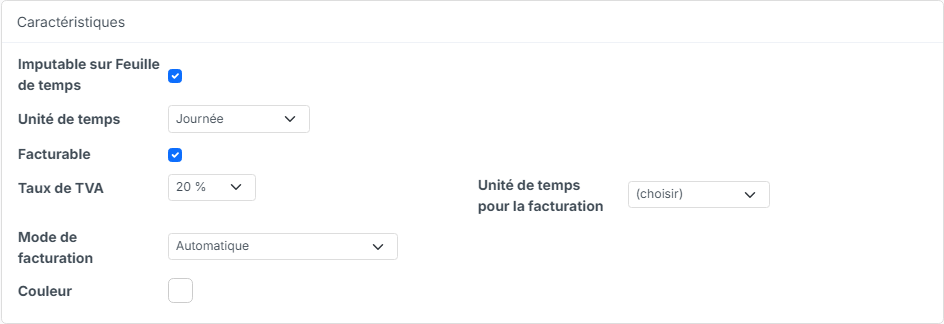 Characteristics block of a project: time logging, invoiceable, VAT rate and automatic invoicing mode