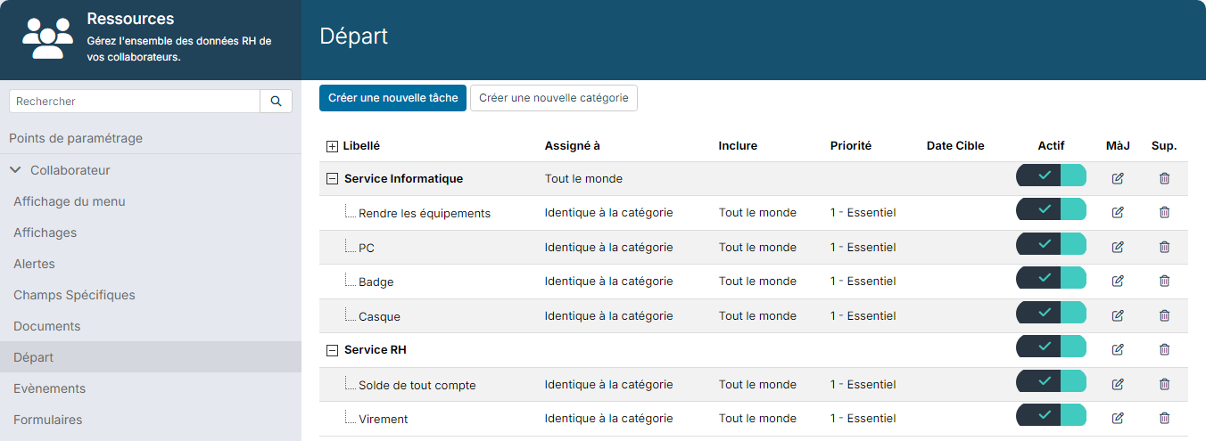 Resources module settings, Offboarding section, with two task categories