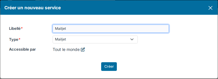Fenêtre Créer un nouveau service avec le type Mailjet