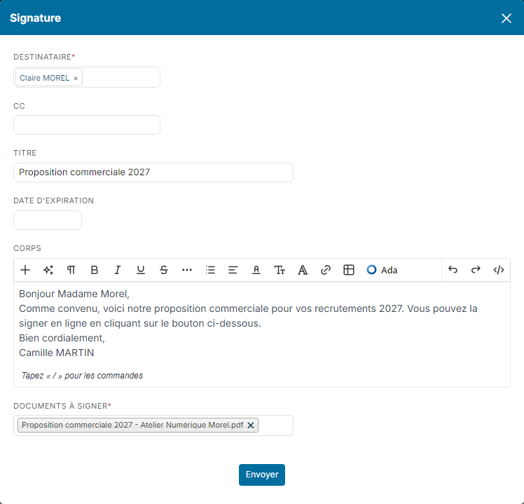 Signing window filled in: recipient, title, message and document to sign