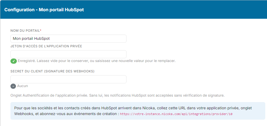 Fenêtre de configuration du portail HubSpot : nom, jeton d'accès, secret du client et adresse du webhook