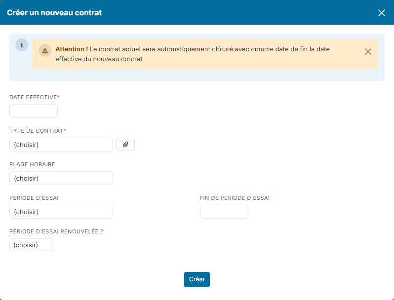 Fenêtre Créer un nouveau contrat