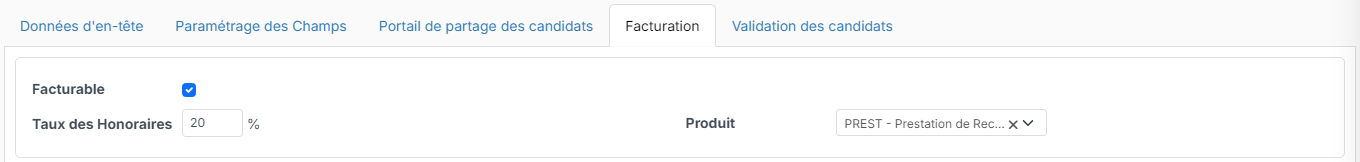 Onglet Facturation : case Facturable, Taux des Honoraires et Produit