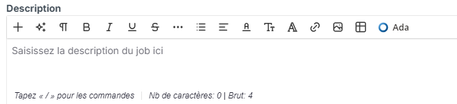 Barre d'outils de l'éditeur Description avec le bouton Ada
